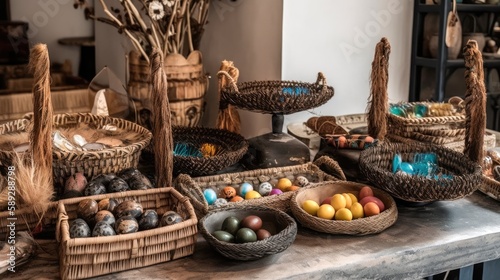 Easter eggs in colorfully painted, patterned baskets and bowls on a Bohemian-inspired wooden table