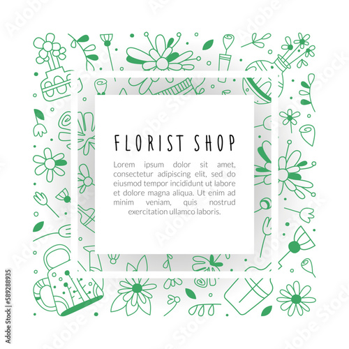 Florist shop banner with space for text. Flower studio, landscape designer, wedding florist card, poster, cover vector illustration
