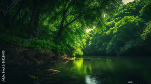 Beautiful natural scenery of river in tropical green forest with mountains in background. Generative Ai © PRI