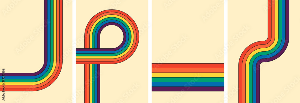 Vintage rainbow striped posters compilation. Groovy style reminiscent past eras. Hippie inspired geometric rainbow paths. Iridescent stripes reflect retro hippy vibe. Various abstract eps backgrounds