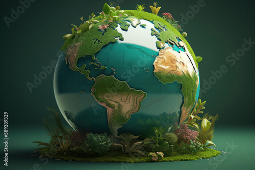 3D Rendering of a Globe Covered with Plants and Water  Symbolizing a Healthy and Sustainable Environment