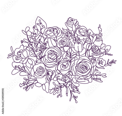 Bouquet of Roses, Line Art Flowers. One line drawing. Minimalist hand drawn sketch. Vector stock illustration.