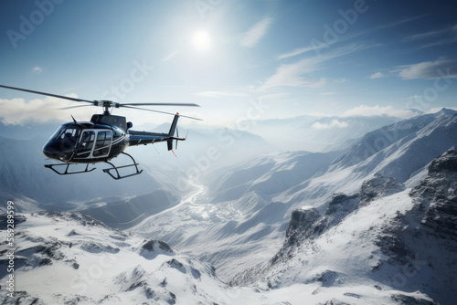 Breathtaking Photo-Realistic Image of Helicopter Flying over Snowy Mountain Valley