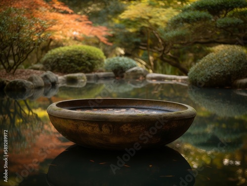 A serene and calming view of a water basin in a Japanese garden © Suplim