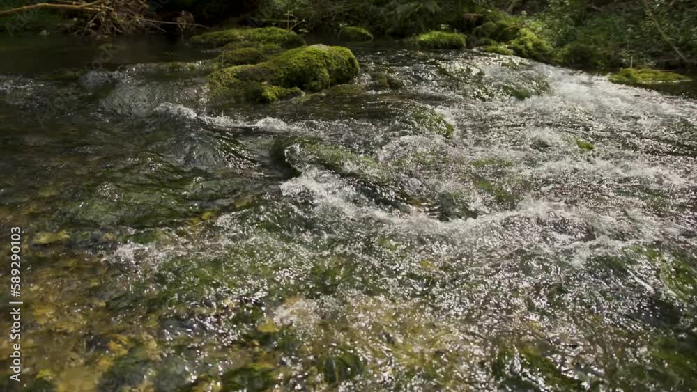 Beautiful sunny forest river with mossy rocks. Pan camera movement used. Slow motion. Beautiful sunny forest river with mossy rocks. Pan camera movement used. Slow motion.