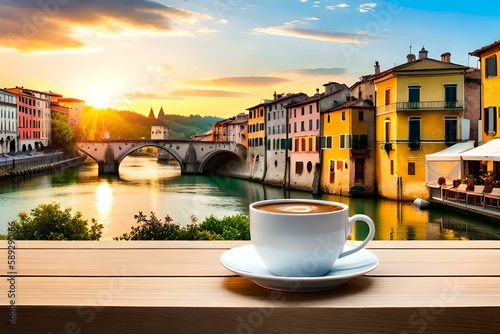 A cup of coffee on table with Italian town at the background © DESIGN