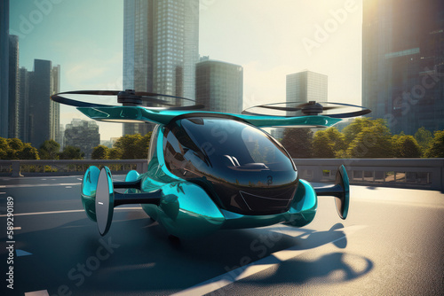 Concept Image of Futuristic Airtaxi for Personal Transport in Dynamic Cityscape photo