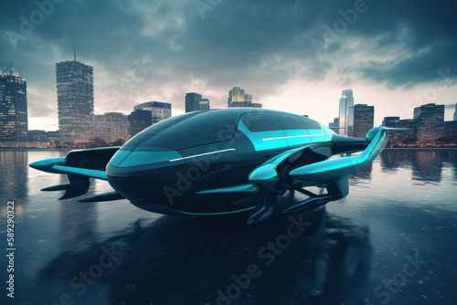 Concept Image of Futuristic Airtaxi for Personal Transport in Dynamic Cityscape photo