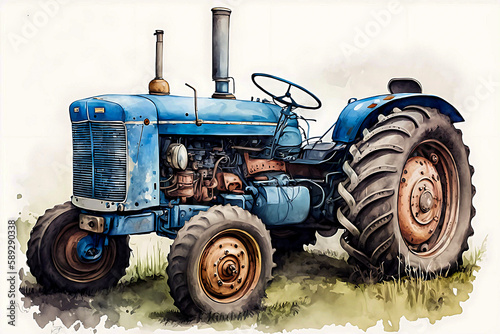 Watercolor drawing of an old tractor. AI generated illustration.