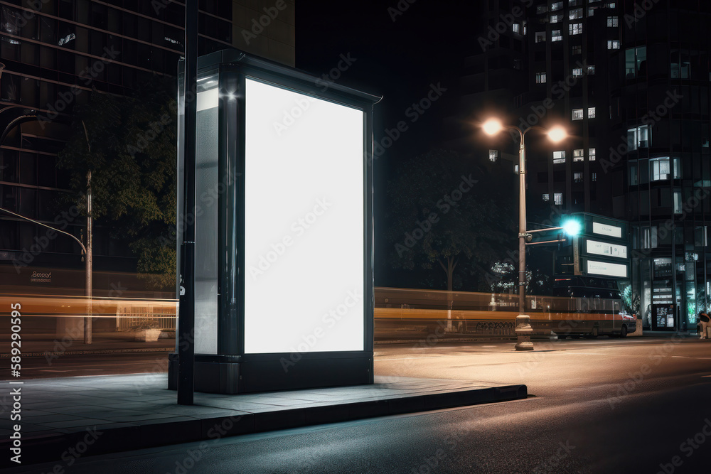 Blank white vertical digital billboard poster on city street bus stop sign at night. AI generated - obrazy, fototapety, plakaty 