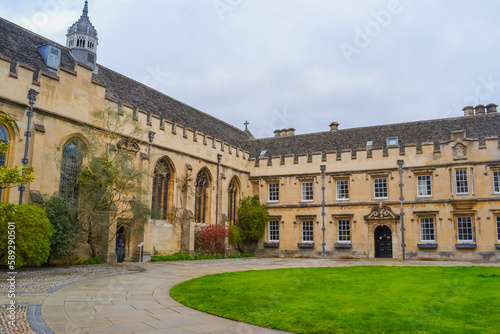 UK, Oxford, 23.03.2023: View to the entrance garden of the St John's College which is constituent college of the University of Oxford.  