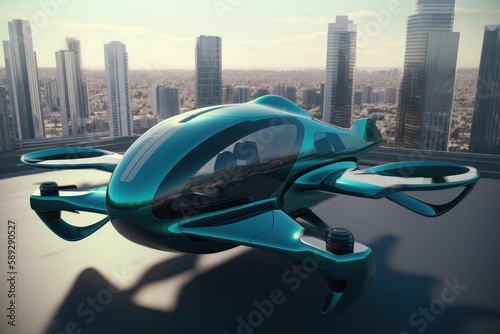 Concept Image of Futuristic Airtaxi for Personal Transport in Dynamic Cityscape