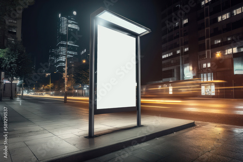 Blank white vertical digital billboard poster on city street bus stop sign at night. AI generated