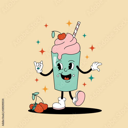 Comic flat Milkshake with face on decorated background. Vector cartoon illustration in groovy retro style with drink. Square image of cute milk shake character with smile for advertising or concept