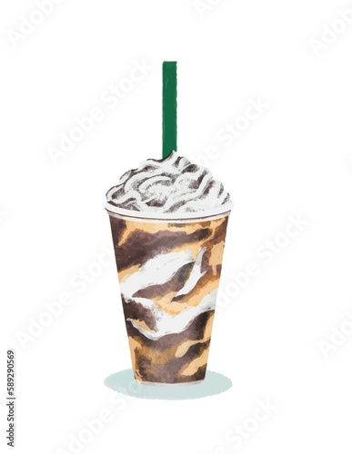 Ilustración vectorial. Vaso de café helado con crema y chocolate. Vaso para llevar aislado sobre fondo blanco