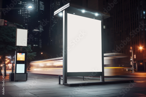 Blank white vertical digital billboard poster on city street bus stop sign at night. AI generated