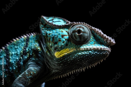 Blue bar panther chameleon macro of head isolated against a black background. AI generated