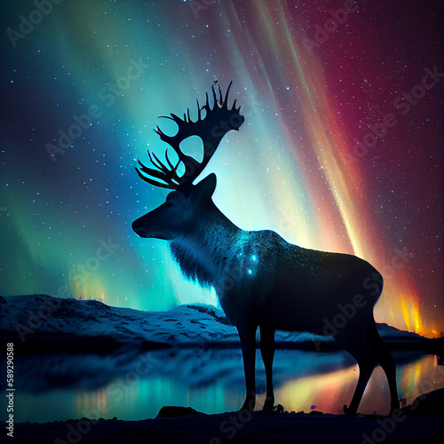 deer from the fog and stars in the night sky. AI generated 