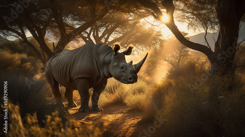 Fotografia A rhino standing in an African landscape with warm Generative AI