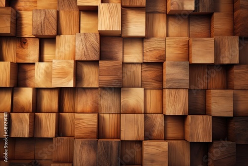 Natural wooden background. Wood blocks. Wall Paneling texture. Wooden squares. AI generated © yuliachupina