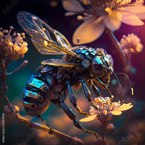 Macro view of a cyberpunk armoured bee landing on a yellow flower pollinating 