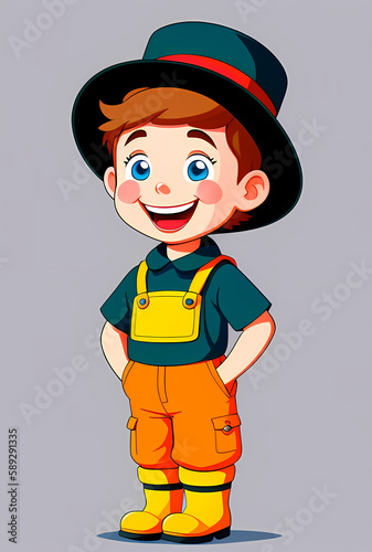 illustration of Cute cartoon boy in hat and overalls. Generative AI