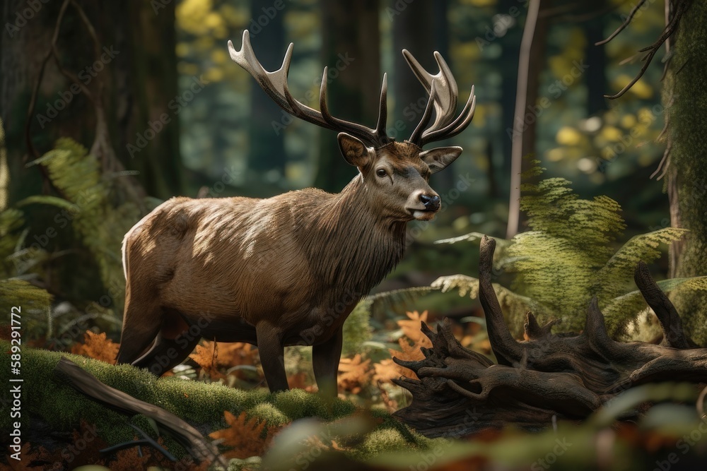 Obraz premium A royal deer with big antlers in the woods. AI generated