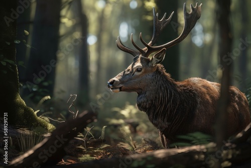 A royal deer with big antlers in the woods. AI generated