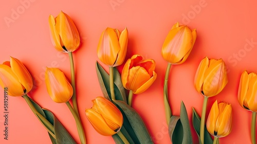 Tulips border with copy space on a colored background. Beautiful frame composition of spring flowers. Generative AI