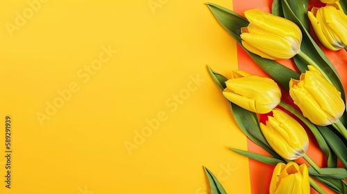Tulips border with copy space on a colored background. Beautiful frame composition of spring flowers. Generative AI