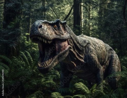 Fototapeta Naklejka Na Ścianę i Meble -  Big, angry and scary dinosaurs T-rex. generative ai