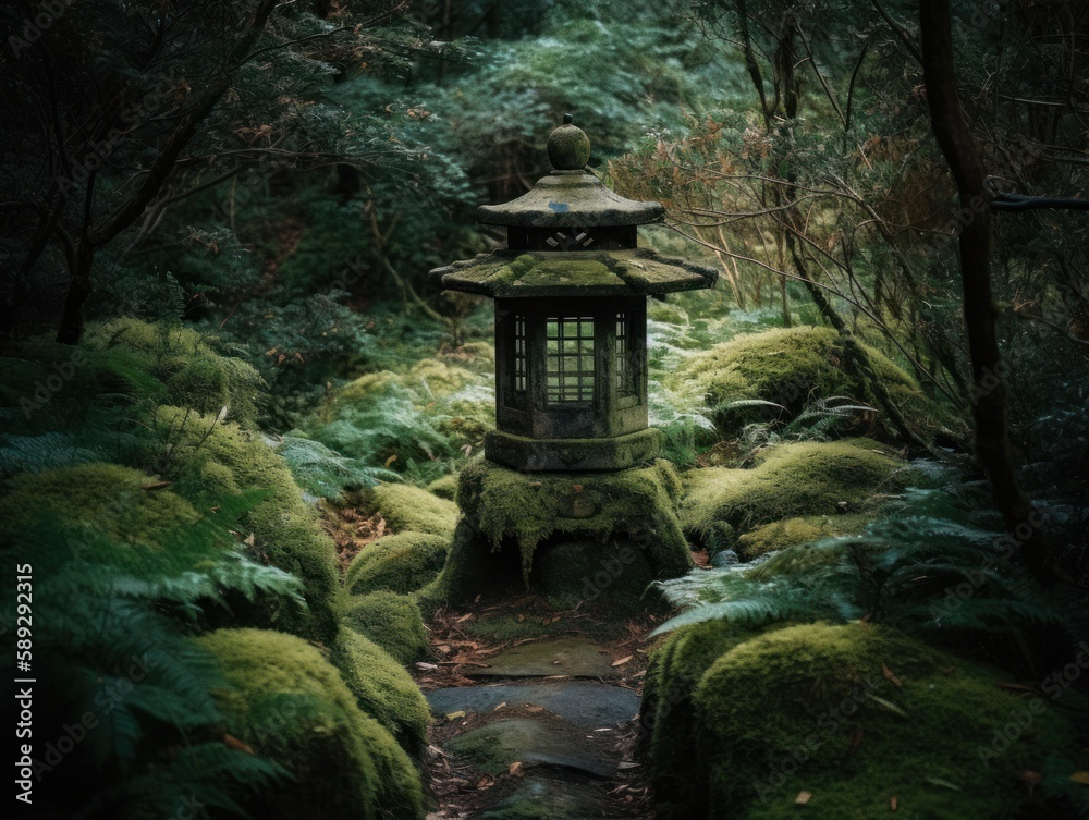 A peaceful and mystical view of a traditional garden lantern on a mossy path in a Japanese garden A peaceful and mystical view of a traditional garden lantern on a mossy path in a Japanese garden