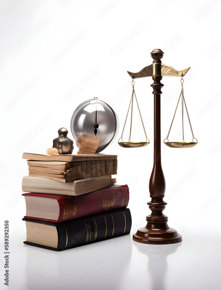 Law theme, scales of justice and books. White background with copy space. Generative AI Law theme, scales of justice and books. White background with copy space. Generative AI