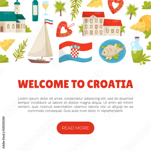 Croatia Travel Banner Design with Country Symbols Vector Template