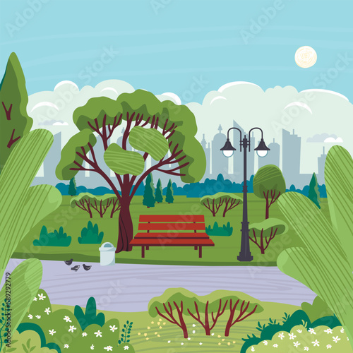 Summer park with a bench. Landscape with a metropolis on the horizon. Green trees and flowering bushes, a trash can,a lantern, birds, clouds and the sun.Vector cartoon flat style illustration.
