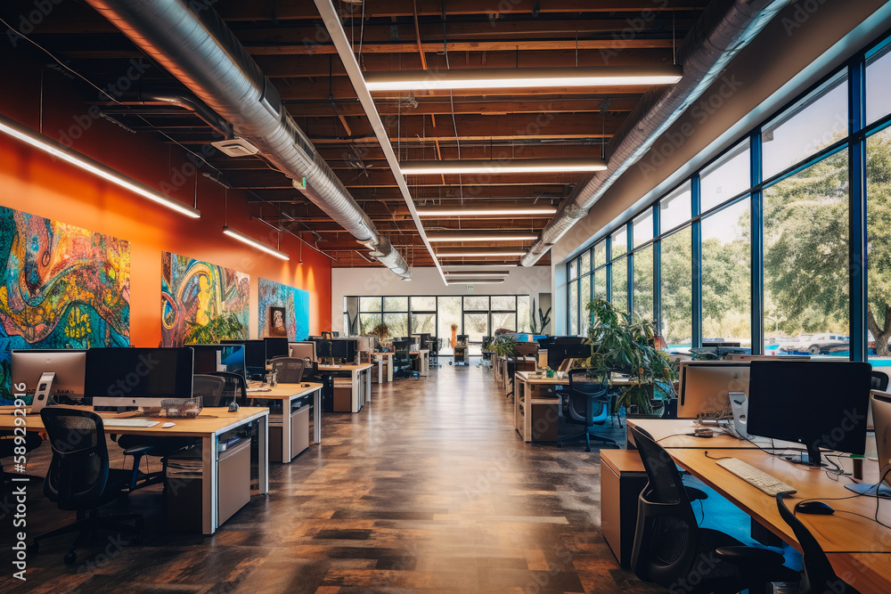 A thriving Silicon Valley startup's headquarters at 8 AM, a sleek and modern open office, natural light pouring in from the large windows, vibrant and positive atmosphere. Generated AI