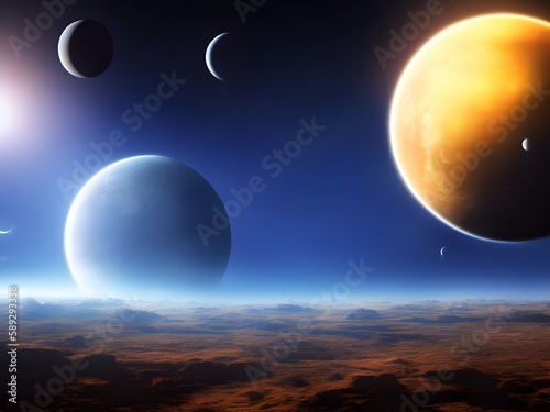 Open space with stars. The surface of another planet, the panorama of Mars. Alien landscape of extraterrestrial planet. Artistic art of another planet with an extraterrestrial landscape. Generative AI