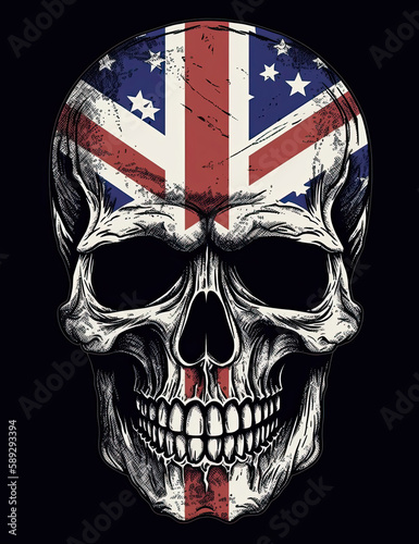 British flag skull illustration, UK, Skull logo for t shirts and graphic design. Generative AI