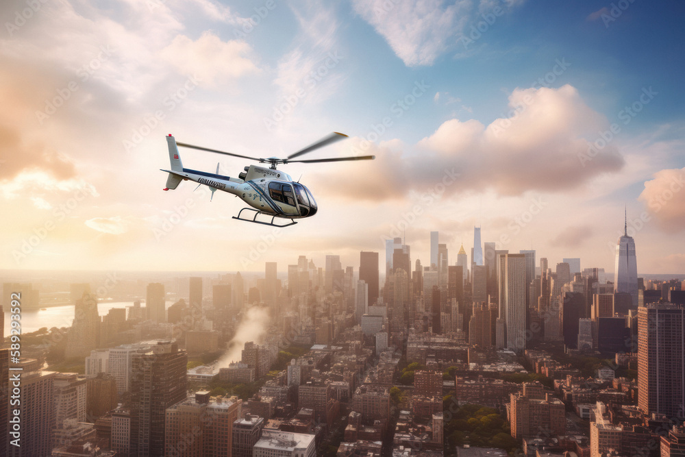 Helicopter Flying next to New York City Skyline with Motion Blur Helicopter Flying next to New York City Skyline with Motion Blur
