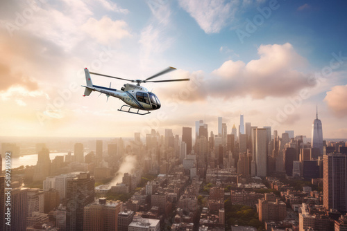 Helicopter Flying next to New York City Skyline with Motion Blur