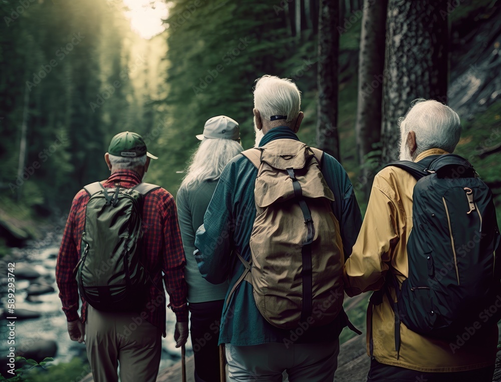 view from behind. A group of four retirees in their late 60s and early 70s are hiking through a scenic mountain trail. The trail is surrounded by tall trees and there is a river running. Generative AI