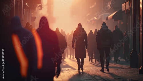 People walking down the street in the evening, beautiful light at sunset. The photo is purposely made out of focus, no faces are recognisible. Generative AI