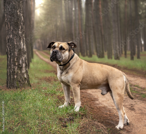 Big dog cadebo in the forest. Huge and cute dog for a walk in the forest. Pine forest and cadebo for a walk. Funny gorgeous dog with a huge muzzle