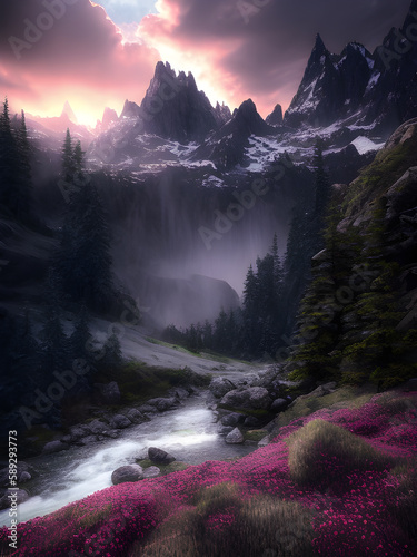 Colorful sunset and mountains 05. Illustrations and Clip Art/AI generated.