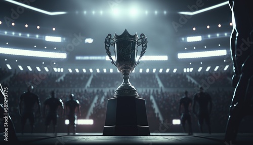 eSports Winner Trophy Standing on a Stage in the Middle of the Computer Video Games Championship Arena. Stylish Neon Lights with Cool Area Design. Generative AI