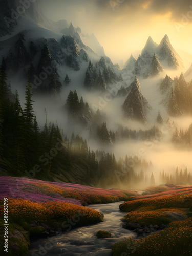 Colorful sunset and mountains 04. Illustrations and Clip Art/AI generated.