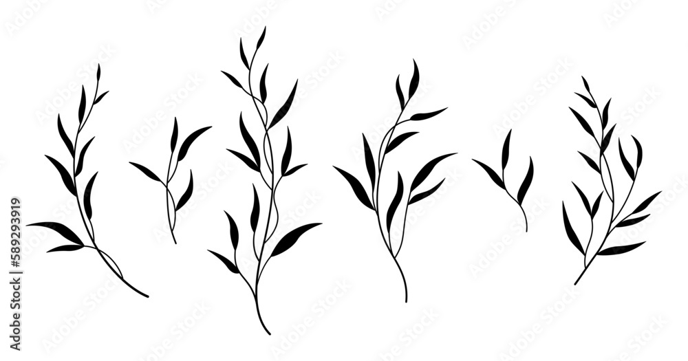 Naklejka premium Minimalist plant elements for wedding decor, invitations, greeting cards, logos, blogs, web, posters. Botanical rustic trendy greenery. Isolated vector illustration