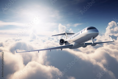 Private Jet Soaring above the Clouds on a Sunny Day