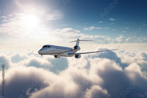 Private Jet Soaring above the Clouds on a Sunny Day