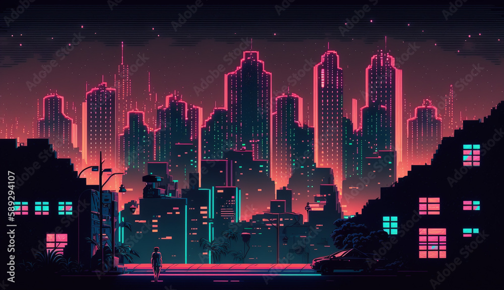 a cityscape at night with neon lights and neon cities, in the style of ...